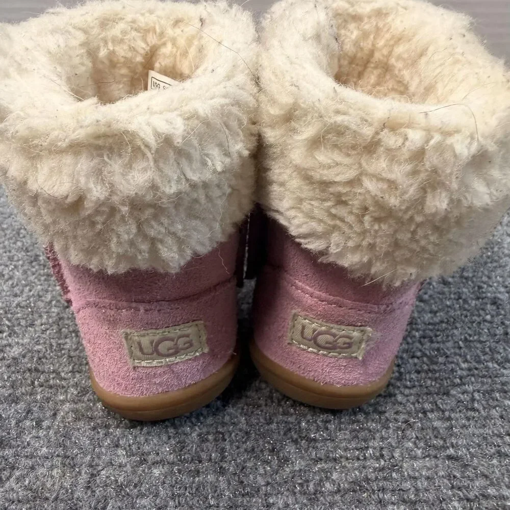 UGG Boots Girls Size 7 Pink Suede Shearling Lined Winter Fur Trim 1157633T